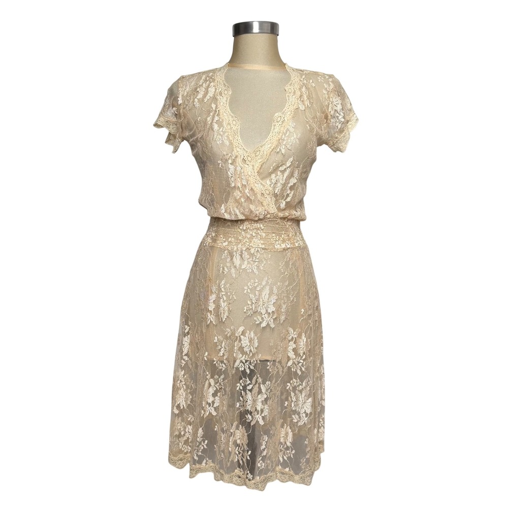 Akira Chicago Beige Floral Lace Midi Dress Small Boho Romantic Surplice V-Neck